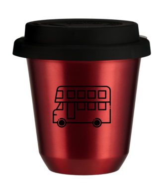 Kubek 150 ml CZERWONY METALIC "Autobus (czarny)", z czarną pokrywką Kubek 150 ml CZERWONY METALIC "Autobus (czarny)", z czarną pokrywką
