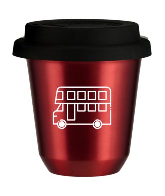 Kubek 150 ml CZERWONY METALIC "Autobus (biały)", z czarną pokrywką Kubek 150 ml CZERWONY METALIC "Autobus (biały)", z czarną pokrywką