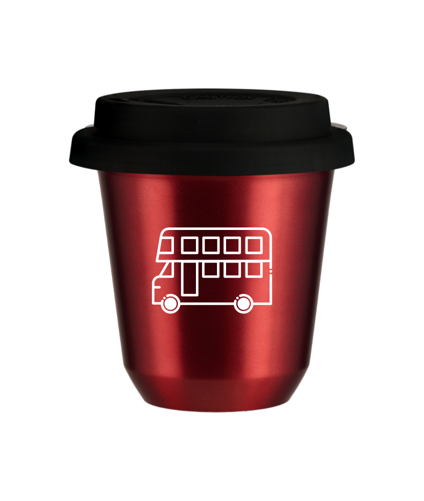 Kubek 150 ml CZERWONY METALIC "Autobus (biały)", z czarną pokrywką