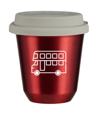 Kubek 150 ml CZERWONY METALIC "Autobus (biały)", z białą pokrywką Kubek 150 ml CZERWONY METALIC "Autobus (biały)", z białą pokrywką