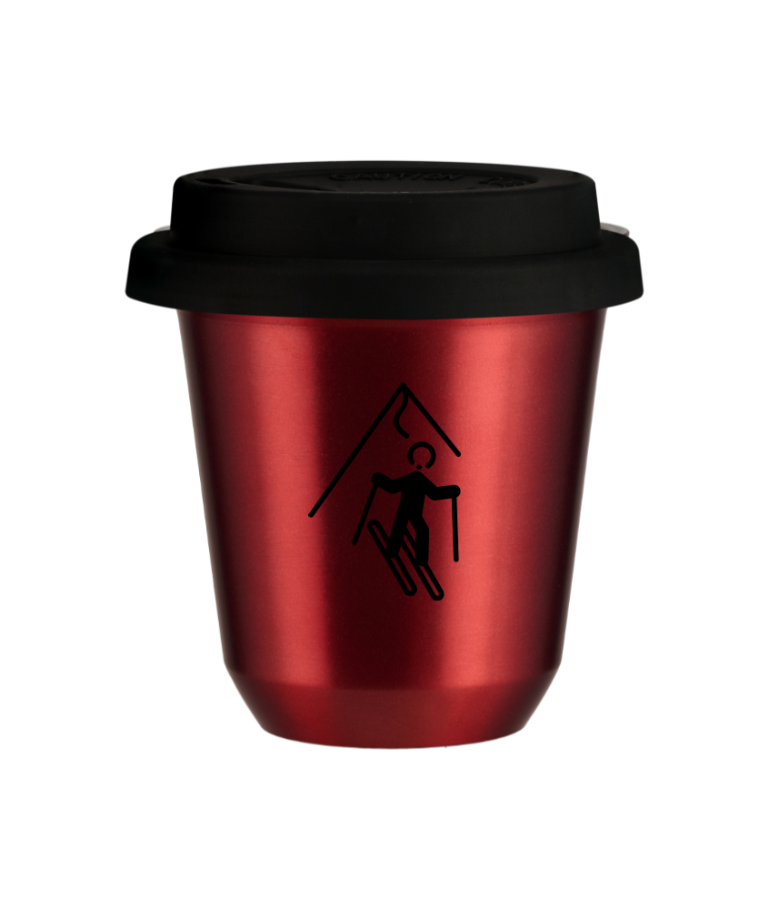 Kubek 150 ml CZERWONY METALIC "Narciarstwo (czarny)", z czarną pokrywką