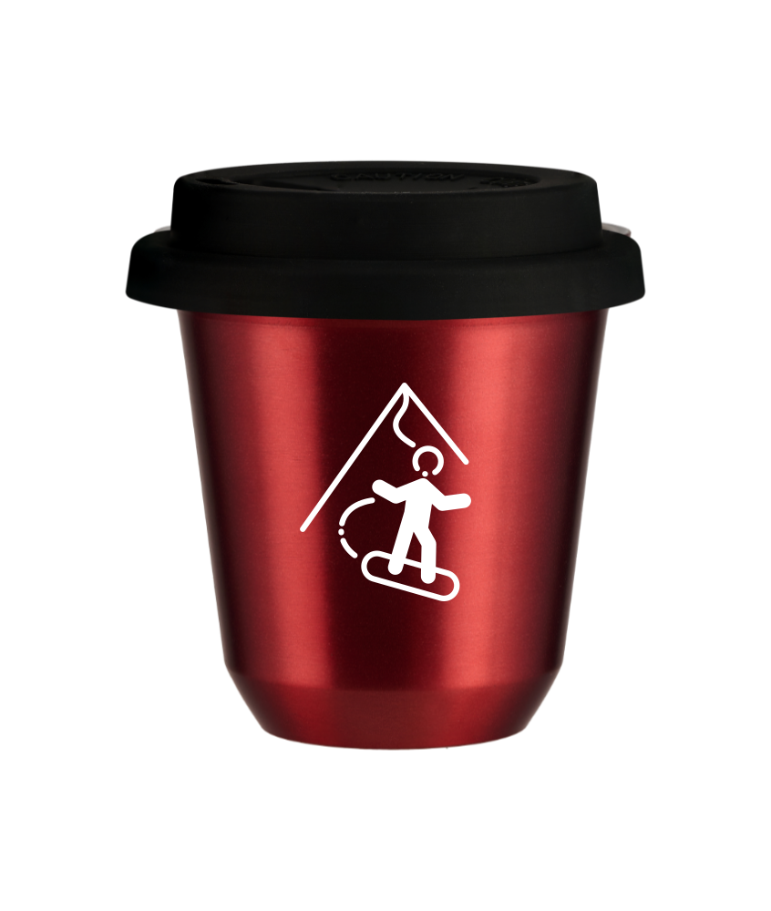 Kubek 150 ml CZERWONY METALIC "Snowboard (biały)", z czarną pokrywką