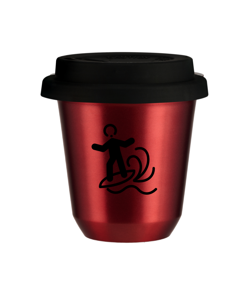 Kubek 150 ml CZERWONY METALIC "Windsurfing (czarny)", z czarną pokrywką