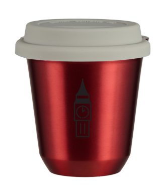 Kubek 150 ml CZERWONY METALIC "BIG BEN", z białą pokrywką Kubek 150 ml CZERWONY METALIC "BIG BEN", z białą pokrywką