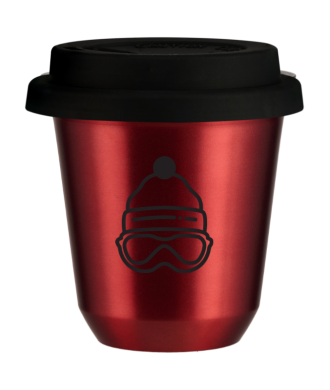 Kubek 150 ml CZERWONY METALIC "Czapka (czarny)", z czarną pokrywką Kubek 150 ml CZERWONY METALIC "Czapka (czarny)", z czarną pokrywką