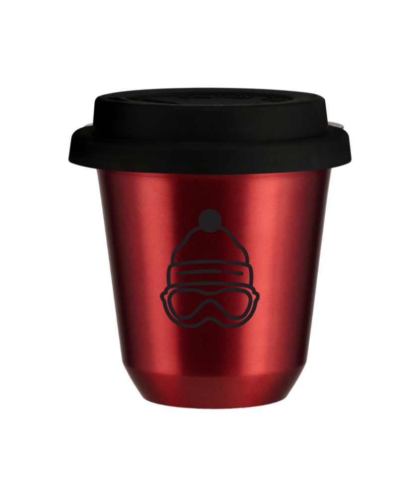 Kubek 150 ml CZERWONY METALIC "Czapka (czarny)", z czarną pokrywką
