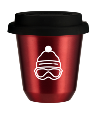 Kubek 150 ml CZERWONY METALIC "Czapka (biały)", z czarną pokrywką Kubek 150 ml CZERWONY METALIC "Czapka (biały)", z czarną pokrywką
