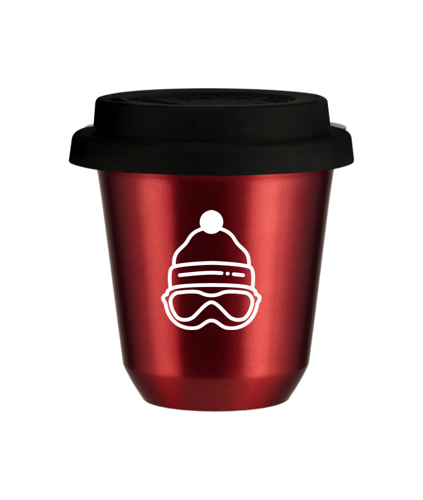 Kubek 150 ml CZERWONY METALIC "Czapka (biały)", z czarną pokrywką