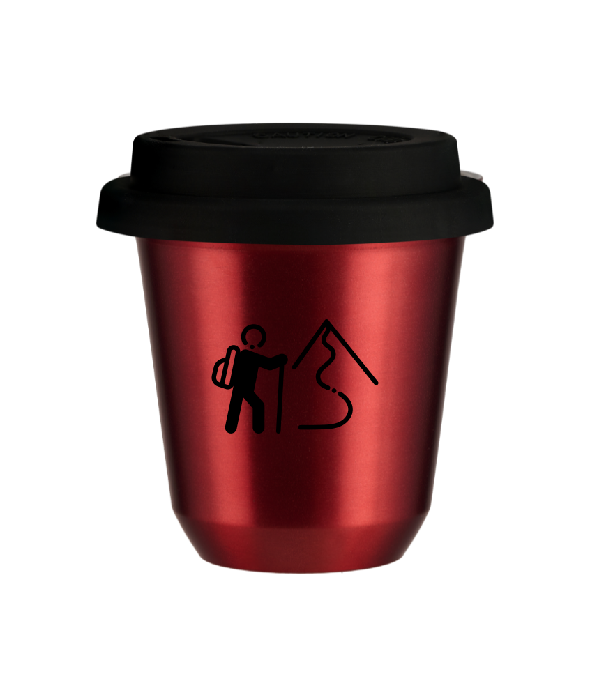 Kubek 150 ml CZERWONY METALIC "Wspinaczka 2 (czarny)", z czarną pokrywką