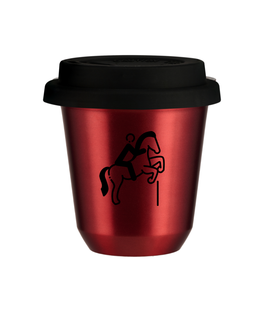 Kubek 150 ml CZERWONY METALIC "Jeździectwo 1 (czarny)", z czarną pokrywką