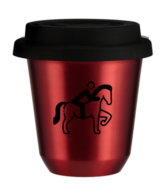 Kubek 150 ml CZERWONY METALIC "Jeździectwo 2 (czarny)", z czarną pokrywką Kubek 150 ml CZERWONY METALIC "Jeździectwo 2 (czarny)", z czarną pokrywką