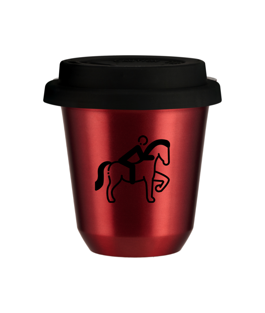 Kubek 150 ml CZERWONY METALIC "Jeździectwo 2 (czarny)", z czarną pokrywką