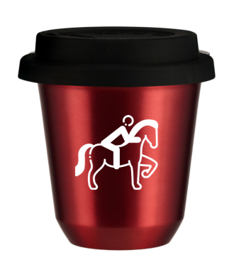 Kubek 150 ml CZERWONY METALIC "Jeździectwo 2 (biały)", z czarną pokrywką Kubek 150 ml CZERWONY METALIC "Jeździectwo 2 (biały)", z czarną pokrywką