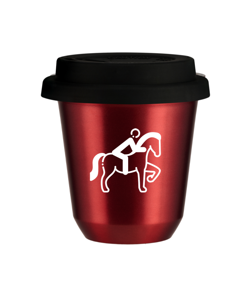 Kubek 150 ml CZERWONY METALIC "Jeździectwo 2 (biały)", z czarną pokrywką