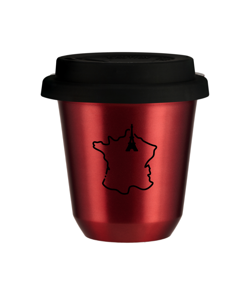 Kubek 150 ml CZERWONY METALIC "Francja", z czarną pokrywką
