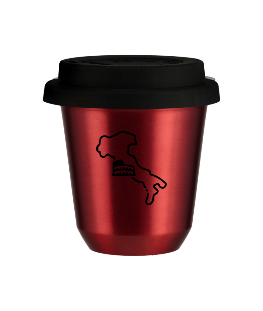 Kubek 150 ml CZERWONY METALIC "Włochy (czarny)", z czarną pokrywką