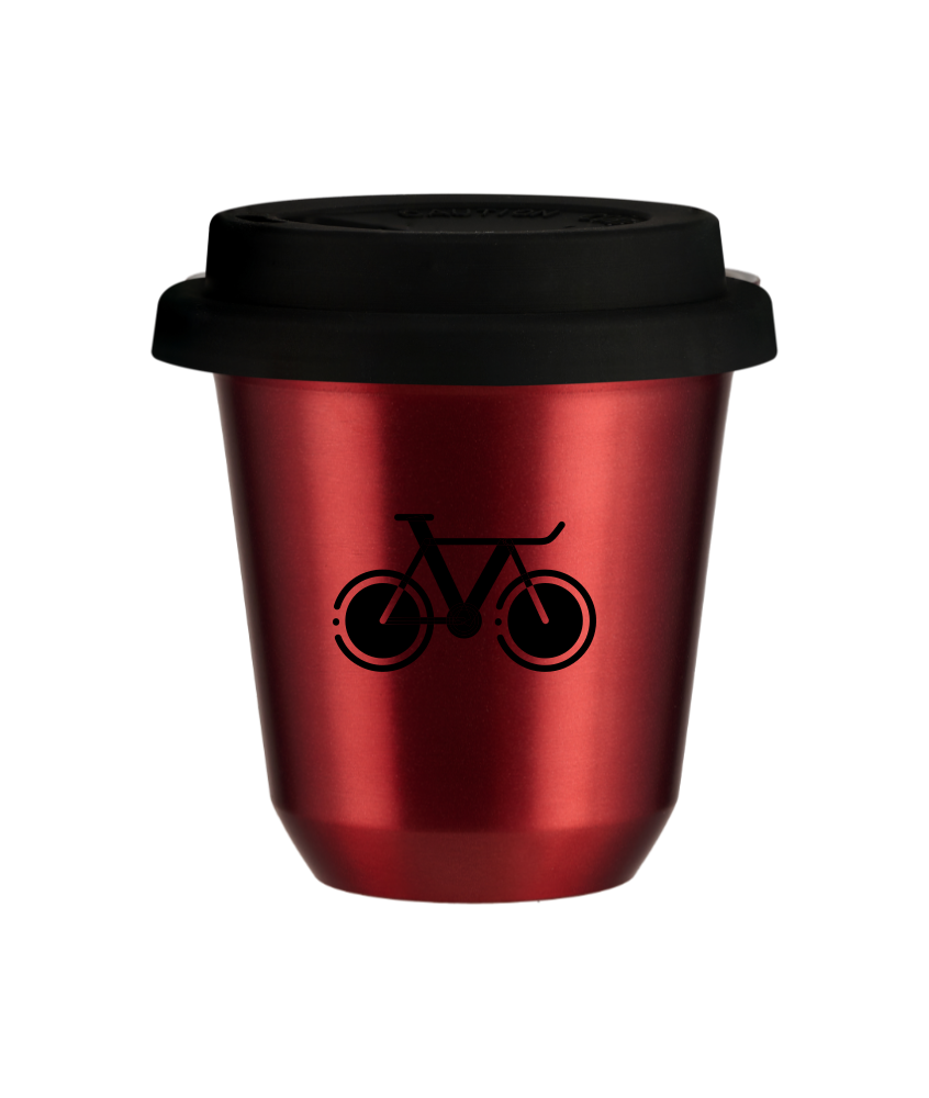 Kubek 150 ml CZERWONY METALIC "Rower 1 (czarny)", z czarną pokrywką