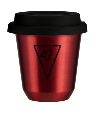 Kubek 150 ml CZERWONY METALIC "42", z czarną pokrywką Kubek 150 ml CZERWONY METALIC "42", z czarną pokrywką