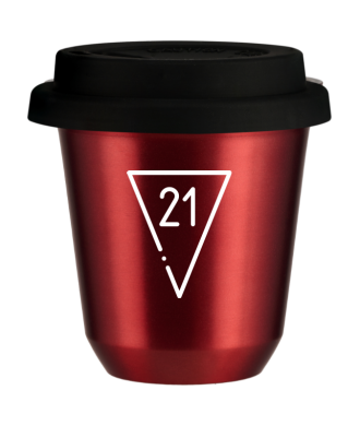 Kubek 150 ml CZERWONY METALIC "21 (biały)", z czarną pokrywką Kubek 150 ml CZERWONY METALIC "21 (biały)", z czarną pokrywką