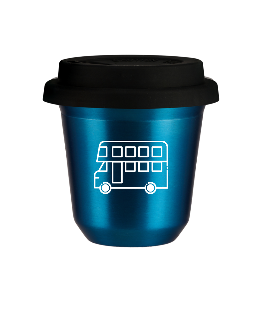 Kubek 150 ml NIEBIESKI METALIC "Autobus (biały)", z czarną pokrywką