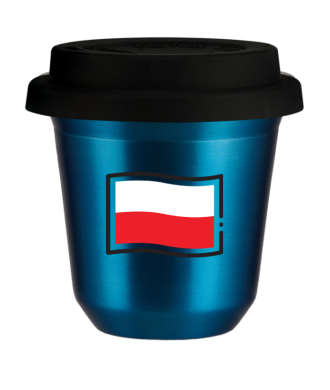 Kubek niebieski 150 ml, FLAGA POLSKI (czarny) z pokrywka czarna