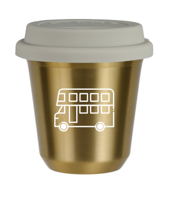 Kubek zloty 150 ml, AUTOBUS (bialy) z pokrywka biala