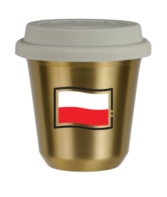 Kubek zloty 150 ml, FLAGA POLSKI z pokrywka biala