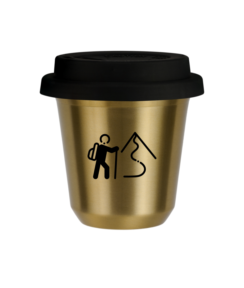 Kubek 150 ml ZŁOTY "Wspinaczka 2 (czarny)", z czarną pokrywką