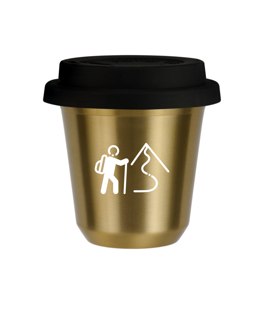 Kubek 150 ml ZŁOTY "Wspinaczka 2 (biały)", z czarną pokrywką