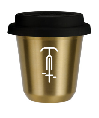 Kubek 150 ml ZŁOTY "Kolarstwo 1 (biały)", z czarną pokrywką Kubek 150 ml ZŁOTY "Kolarstwo 1 (biały)", z czarną pokrywką