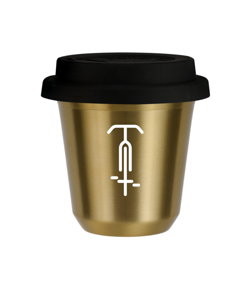 Kubek 150 ml ZŁOTY "Kolarstwo 1 (biały)", z czarną pokrywką