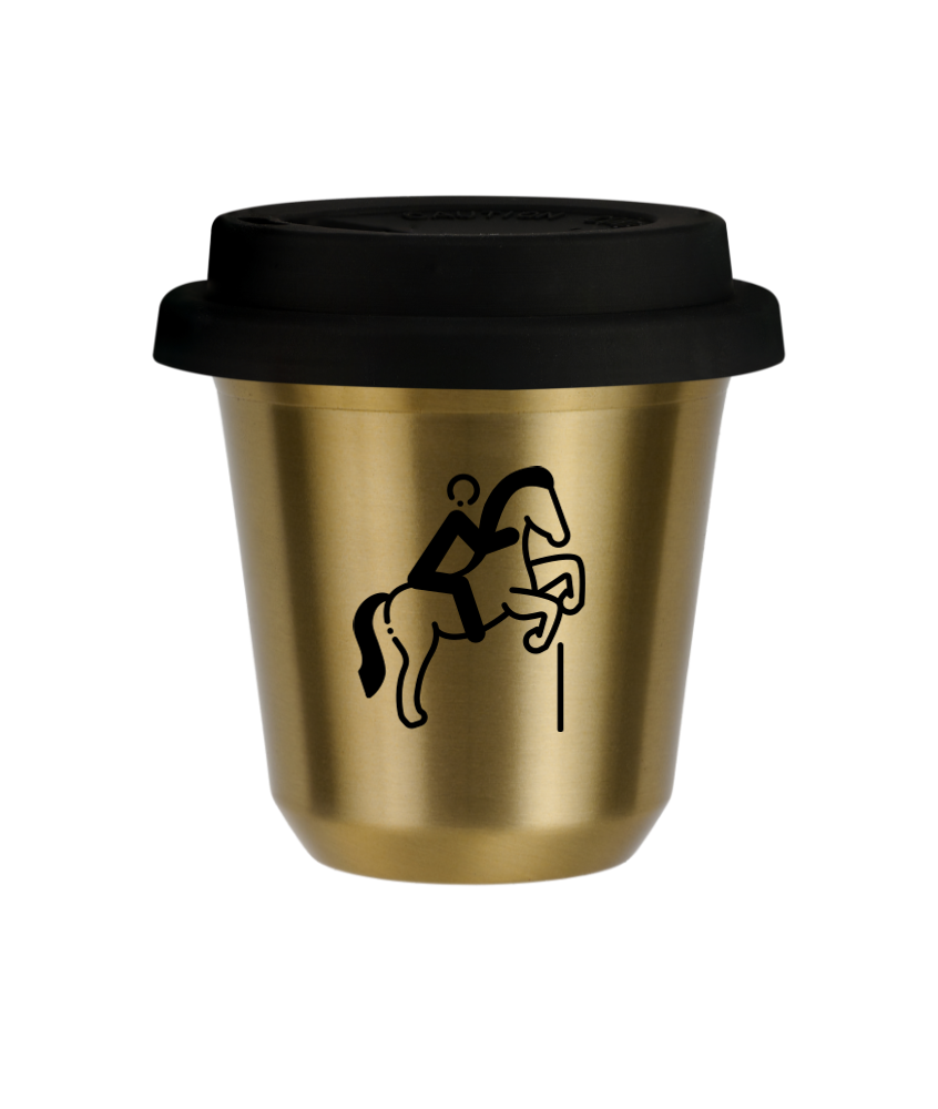 Kubek 150 ml ZŁOTY "Jeździectwo 1 (czarny)", z czarną pokrywką