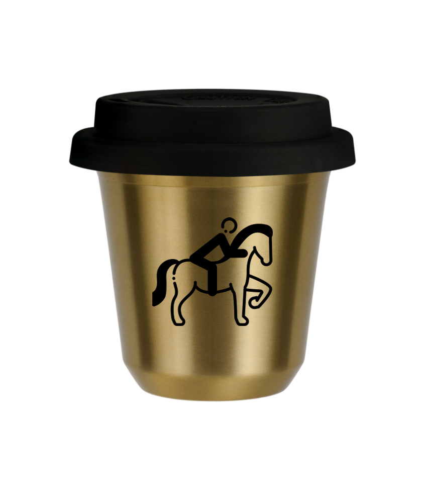 Kubek 150 ml ZŁOTY "Jeździectwo 2 (czarny)", z czarną pokrywką