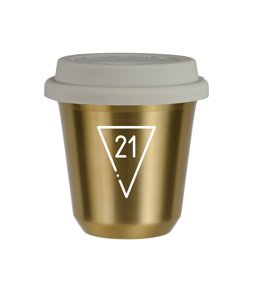 Kubek 150 ml ZŁOTY "21 (biały)", z białą pokrywką