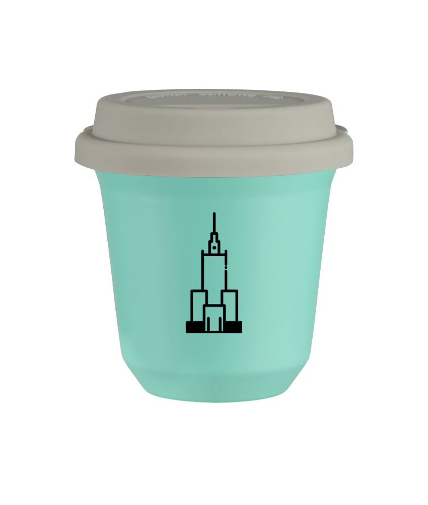 Kubek turkusowy 150 ml, PALAC KULTURY I NAUKI (czarny) z pokrywka biala kubek termiczny na kawe | 70,00 zł Kubek turkusowy 150 ml, PALAC KULTURY I NAUKI (czarny) z pokrywka biala kubek termiczny na kawe | 70,00 zł