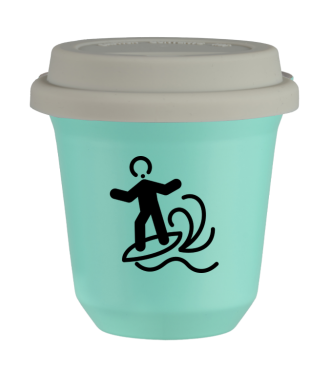 Kubek turkusowy 150 ml, WINDSURFING (czarny) z pokrywka biala