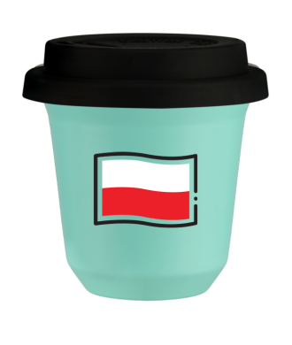 Kubek turkusowy 150 ml, FLAGA POLSKI z pokrywka czarna