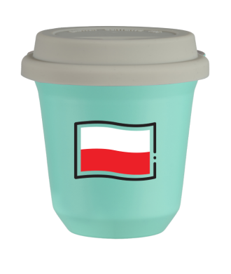 Kubek turkusowy 150 ml, FLAGA POLSKI z pokrywka biala