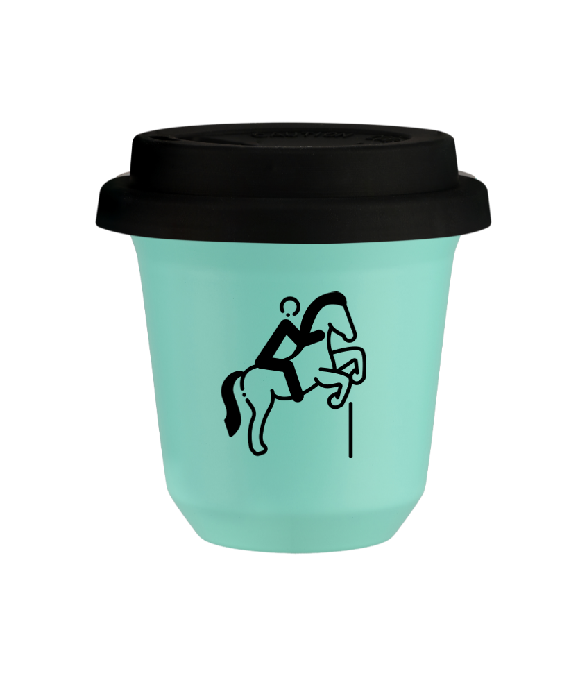 Kubek 150 ml TURKUSOWY "Jeździectwo 1", z czarną pokrywką