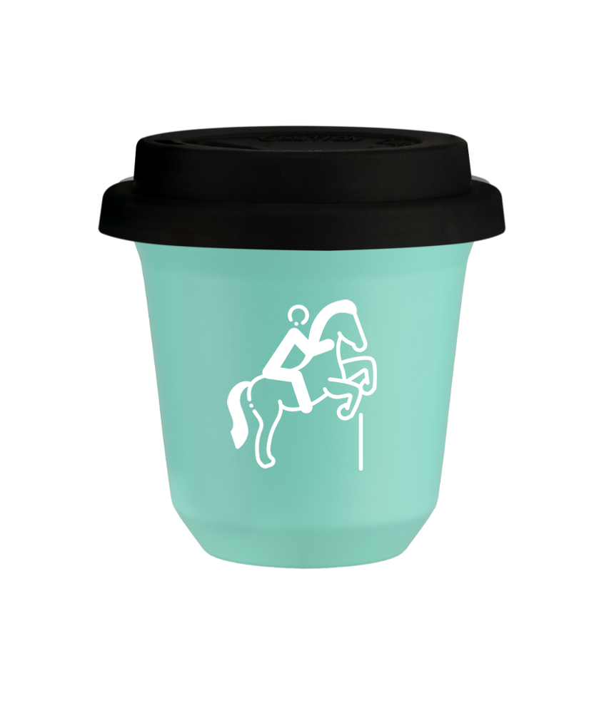 Kubek 150 ml TURKUSOWY "Jeździectwo 1 (biały)", z czarną pokrywką