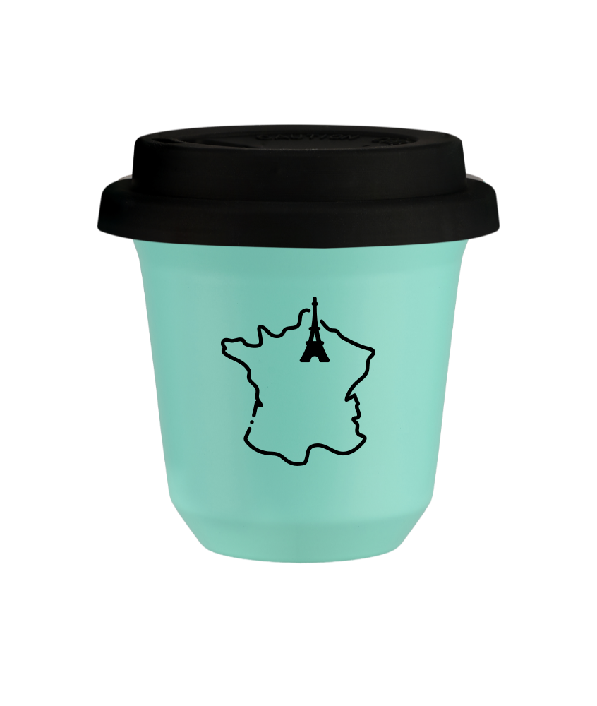 Kubek 150 ml TURKUSOWY "Francja", z czarną pokrywką