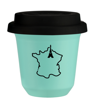 Kubek 150 ml TURKUSOWY "Francja (czarny)", z czarną pokrywką Kubek 150 ml TURKUSOWY "Francja (czarny)", z czarną pokrywką