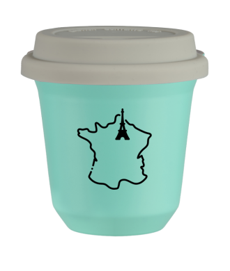 Kubek 150 ml TURKUSOWY "Francja (czarny)", z białą pokrywką Kubek 150 ml TURKUSOWY "Francja (czarny)", z białą pokrywką