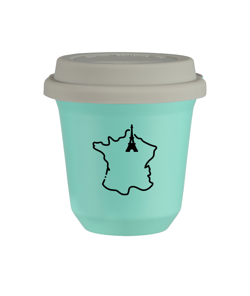 Kubek 150 ml TURKUSOWY "Francja (czarny)", z białą pokrywką