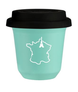 Kubek 150 ml TURKUSOWY "Francja (biały)", z czarną pokrywką Kubek 150 ml TURKUSOWY "Francja (biały)", z czarną pokrywką