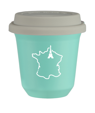 Kubek 150 ml TURKUSOWY "Francja (biały)", z białą pokrywką Kubek 150 ml TURKUSOWY "Francja (biały)", z białą pokrywką