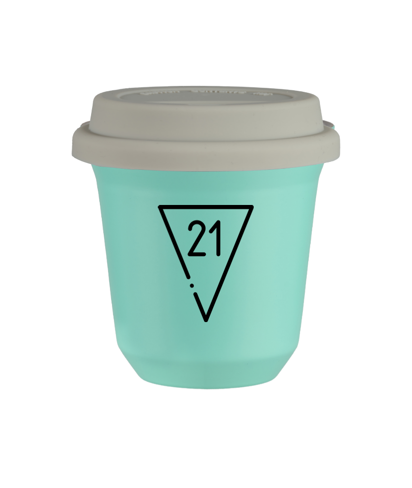 Kubek 150 ml TURKUSOWY "21", z białą pokrywką