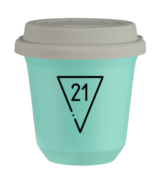 Kubek 150 ml TURKUSOWY "21 (czarny)", z białą pokrywką Kubek 150 ml TURKUSOWY "21 (czarny)", z białą pokrywką