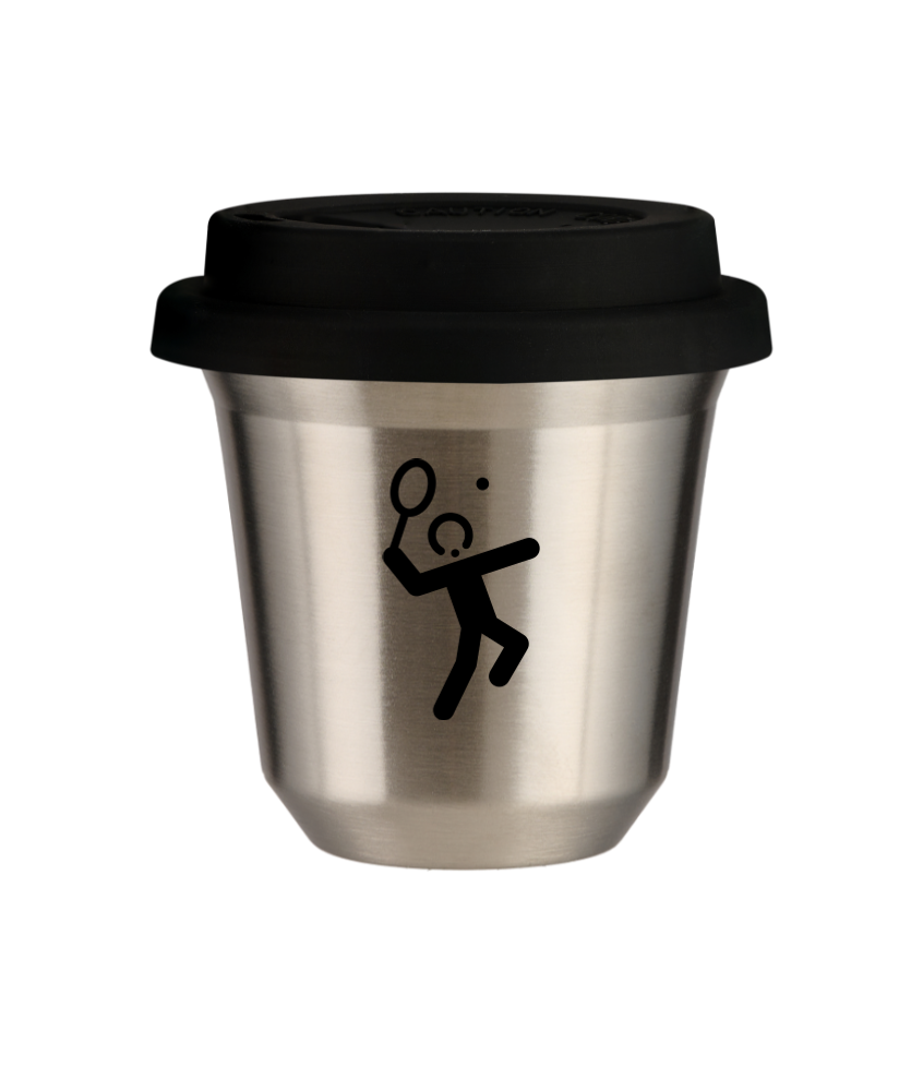 Kubek 150 ml SREBRNY "Tenis 2 (czarny)", z czarną pokrywką