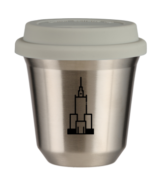 Kubek 150 ml SREBRNY "Pałac kultury i nauki", z białą pokrywką Kubek 150 ml SREBRNY "Pałac kultury i nauki", z białą pokrywką